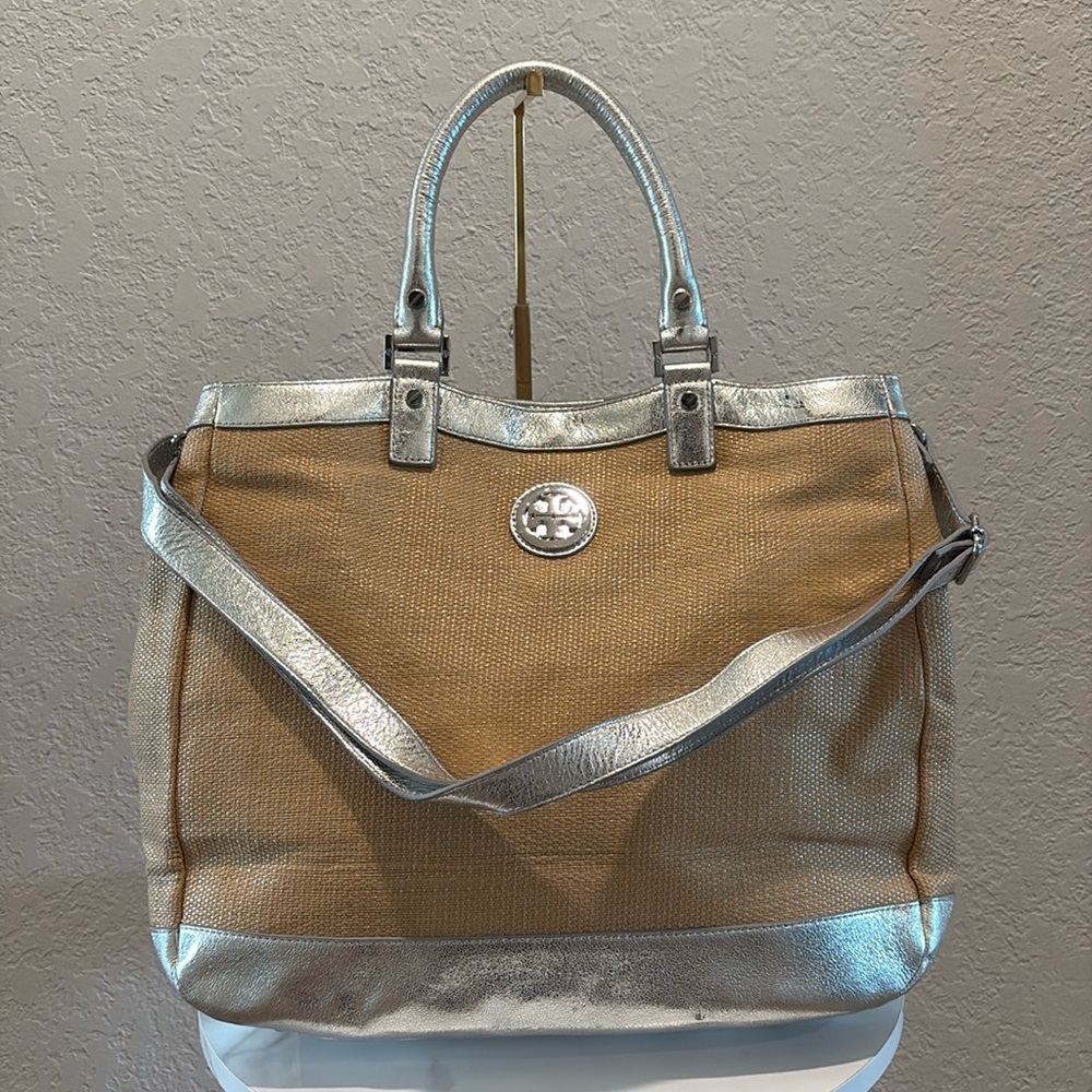 Tory Burch Tan and Silver Crossbody Bag